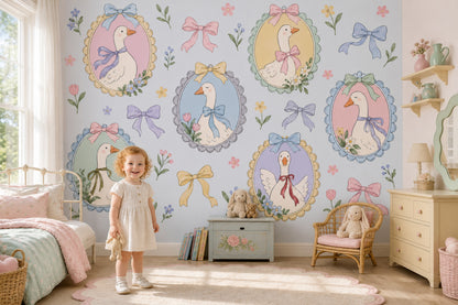 Pastel Geese Portraits Wallpaper Mural Blue Watercolor Cameos