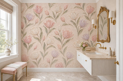 Pastel Tulips Wallpaper Mural In Blush Pink With Textured Oil Paint Effect