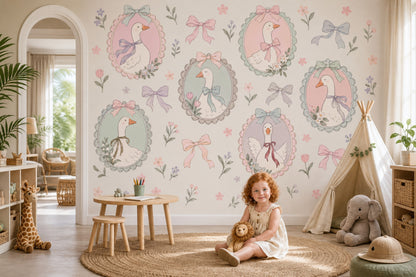 Bow Tied Geese Wallpaper Mural Cream Pastel Vintage Inspired Cameo Frames