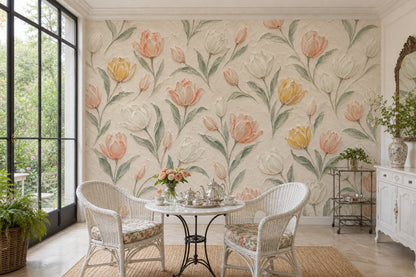 Painted Tulips Wallpaper Mural Cream Background, Textured Botanical Floral