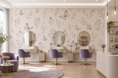 Butterflies And Wildflowers Wallpaper Mural In Pastel Watercolor On Light Cream