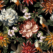 Vibrant Floral and Bird Black Background Wallpaper design