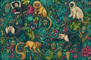 Tropical Jungle Wallpaper Dark Teal Monkeys Removable Wall Decor design