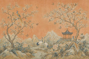 Chinoiserie Wallpaper Asian Landscape Terracotta Background Wall Mural design