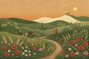 Rolling Hills Wallpaper Wildflower Meadow Storybook Illustration Wall Mural design