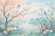 Pastel Watercolor Wallpaper Floral Landscape Birds On Branches Wall Mural design