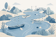 River Landscape Wallpaper Rowboats Scandinavian Style Wall Mural design