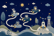 Kids Space Adventure Wallpaper Watercolor Illustration Animals In Rockets Removable Wall Decor design