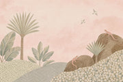 Pastel Pink Sky Wallpaper Stylized Landscape Palm Trees Wall Mural design