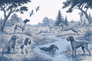 Blue Toile Wallpaper Hunting Dogs Country Landscape Removable Wall Decor design