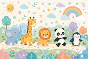 Nursery Wallpaper Cute Animals Pastel Rainbow Removable Wall Decor design