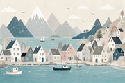 Scandinavian Fjord Wallpaper Coastal Village Watercolor Illustration Wall Mural design