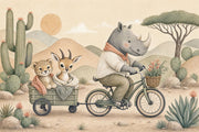 Rhino On Bicycle Wallpaper Desert Landscape Watercolor Illustration Wall Mural design