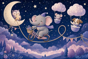 Whimsical Nursery Wallpaper Dark Night Sky Watercolor Illustration Removable Wall Decor design