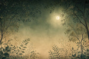 Muted Green Wallpaper Watercolor Moon Wall Mural design