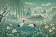 Asian Landscape Wallpaper Teal Cranes Wall Mural design