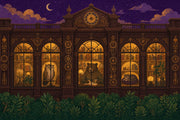 Night Library Wallpaper Vintage Illustration Arched Windows Wall Mural design