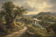 Pastoral Landscape Wallpaper River Valley Stone Bridge Removable Wall Decor design