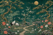Asian Garden Wallpaper Cranes Removable Peonies Wall Decor design