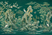 Dark Teal Green Wallpaper East Asian Landscape Removable Gold Accents Wall Decor design