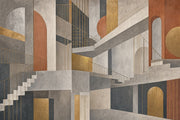 Architectural Stairs Wallpaper Abstract Geometric Removable Gold Linework Wall Decor design