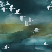 Dark Teal Wallpaper Watercolor Wash Flying Birds Removable Wall Decor design