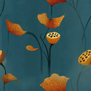 Dark Teal Background Wallpaper Lotus Leaves Lotus Seed Pod Removable Wall Decor design
