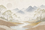 Misty Mountains Wallpaper River Landscape Removable Slender Trees Wall Decor design