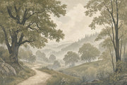 Misty Forest Wallpaper Scenic Landscape Forest Sage Green Removable Wall Decor design