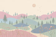 Pastel Landscape Wallpaper Rolling Hills Pine Trees Wall Mural design