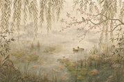 Water Lilies Wallpaper Willow Branches Pond Garden Removable Wall Decor design