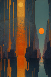 Abstract Geometric Cityscape Wallpaper Dark Navy Blue Orange Sun Decorative Mural design