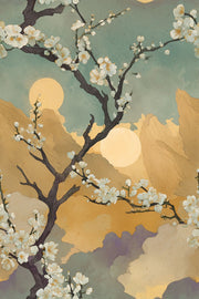 Floral Landscape Wallpaper Cherry Blossom Branches Mountains Removable Wall Decor design
