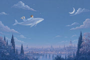 Flying Whale Wallpaper Blue Night Sky Crescent Moon Removable Wall Decor design
