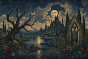 Dark Gothic Landscape Wallpaper Moonlit Castle Twisted Tree Wall Mural design