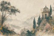 Muted Green Wallpaper Misty Mountains Stone Villa Wall Mural design