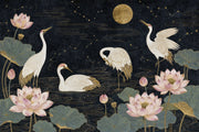 Cranes Wallpaper Lotus Chinoiserie Removable Wall Decor design