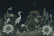 Dark Botanical Wallpaper Floral Landscape Heron Wall Mural design