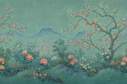 Chinoiserie Wallpaper Floral Landscape Teal Background Wall Mural design