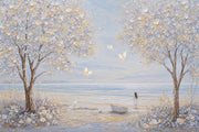 Coastal Landscape Wallpaper Flowering Trees Ocean View Wall Mural design
