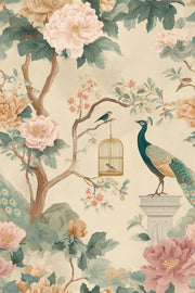 Chinoiserie Wallpaper Peonies Peacock Removable Wall Decor design