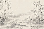 Bamboo Cranes Pond Wallpaper Ink Wash Wall Mural design