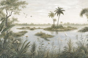 Tropical Wetland Heron Wallpaper Vintage Botanical Wall Mural design