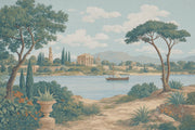 Lakeside Sailboat Wallpaper Vintage Architecture Wall Mural design