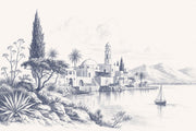 Mediterranean Coastal Village Wallpaper Toile Blue Linework Wall Mural design