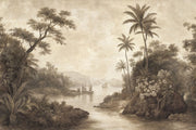 Sepia Tropical Landscape Wallpaper Vintage Toile Wall Mural design