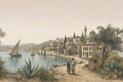 Mediterranean Coastal Village Wallpaper Vintage Landscape Wall Mural design