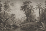 Vintage Tropical Jungle River Wallpaper Sepia Engraving Wall Mural design