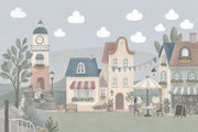 Whimsical Village Wallpaper Storybook Landscape Clock Tower Removable Wall Decor design