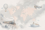 World Map Wallpaper Cloudy Sky Hot Air Balloon Removable Wall Decor design